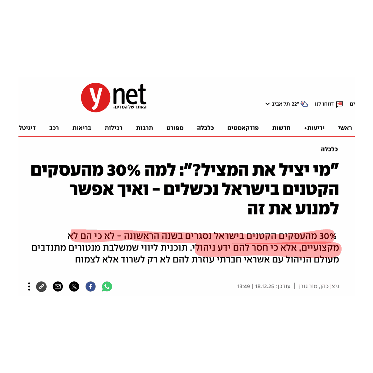 כתבת ynet — 30% מהעסקים נסגרים בשנה הראשונה