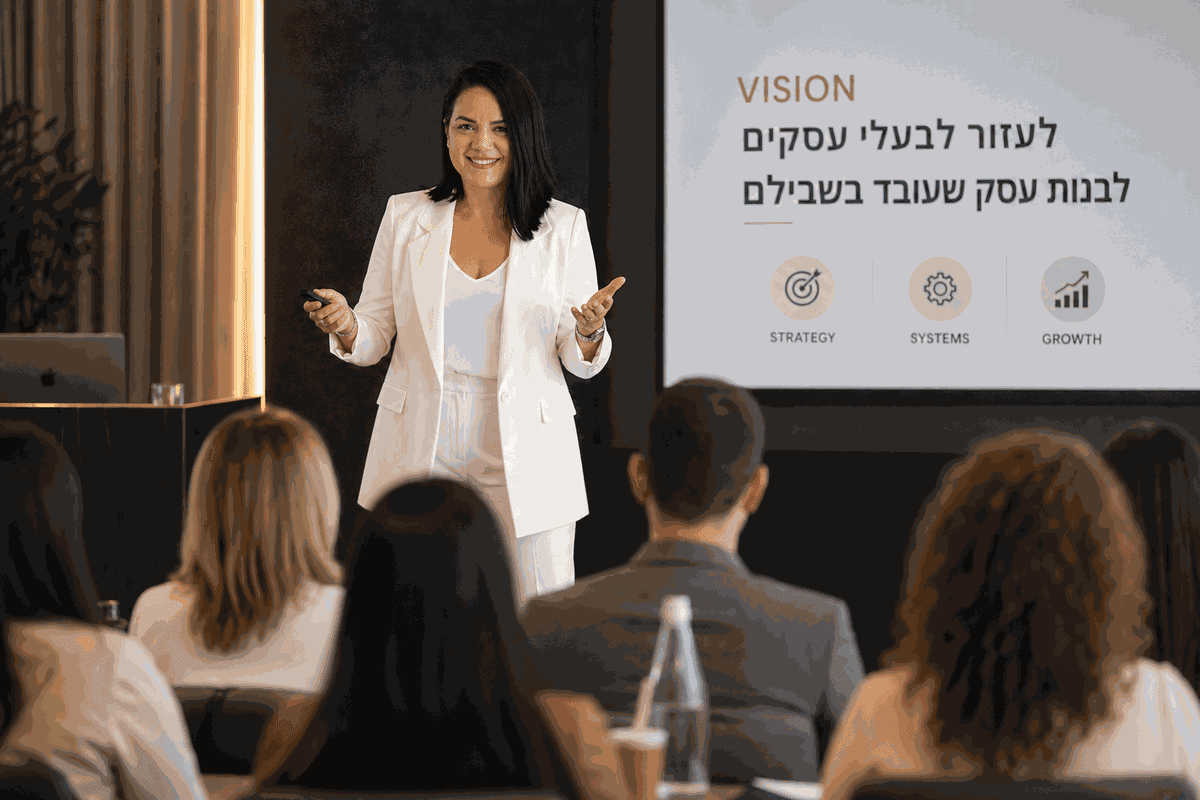 טל בשור מעבירה הרצאה לבעלי עסקים